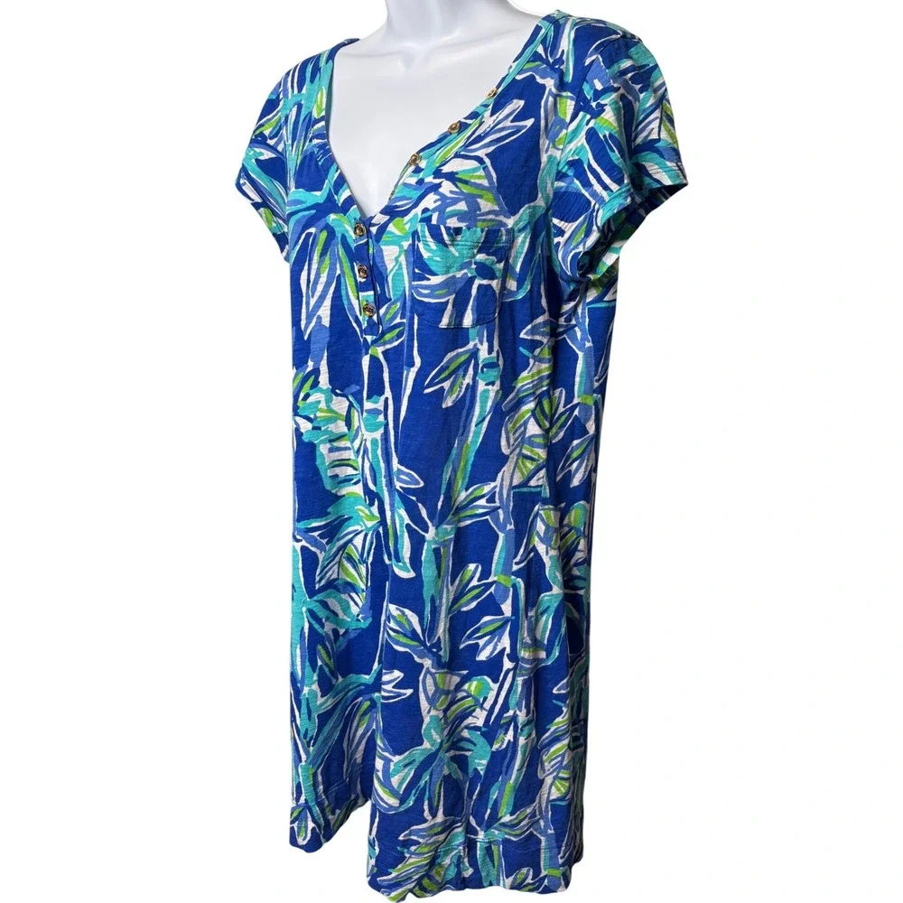 LILLY PULITZER Womens Blue Bamboo Print Pima Cotton Henley Dress M Tropical Soft